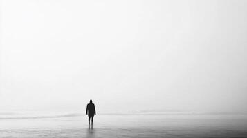 A lone figure standing on a coastal beach under misty conditions, creating a dramatic and introspective atmosphere that invites viewers to reflect. photo