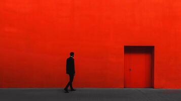 A stylish silhouette walks towards a striking red door on a vivid wall, symbolizing journey and opportunity, complemented by a bold artistic expression. photo