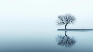 A lonely tree stands on an island in a foggy lake, its reflection merging with the serene water, evoking feelings of solitude and serene beauty in nature. photo