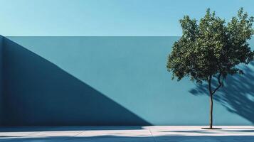 An artistic urban setting featuring a lone tree against a vibrant blue wall, blending organic shapes with modern architectural elements for a striking visual. photo