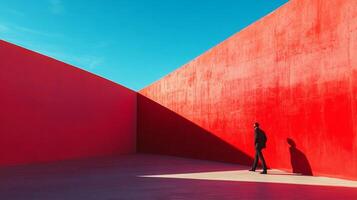 A fashionable figure walks between two vivid red walls, embodying boldness and individuality, framed by dynamic contrasts that challenge conventional perspectives. photo