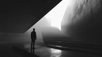 A shadowy figure is positioned within a dark, atmospheric space defined by stark angles and fog, inviting thoughts on isolation and the quest for light. photo