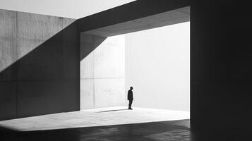 A figure stands in a stark, modern architectural space with bold contrasts of light and shadow, representing the duality of existence and emotional experience. photo