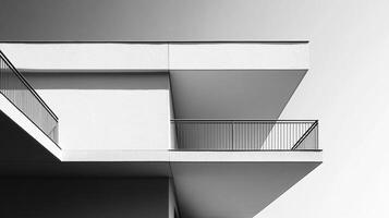 An abstract representation of architectural forms, showcasing overlapping structures and a clean, modern aesthetic against a gradient sky, emphasizing geometric shapes. photo
