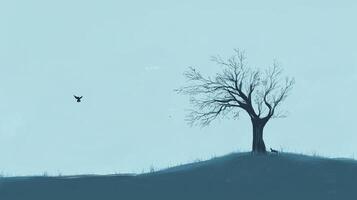 This artwork depicts a stark landscape with a solitary tree, capturing the beauty of isolation and the essence of nature, evoking feelings of solitude and reflection. photo