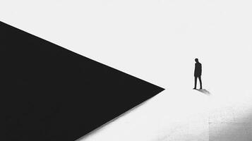 This minimalist image portrays a dark silhouette contrasting against a stark background, signifying the balance between light and darkness and evoking the essence of existential contemplation. photo