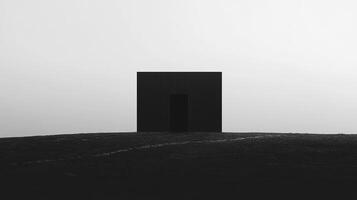 A striking black rectangular structure stands alone atop a desolate hill, embodying a sense of isolation and mystery against a minimalist backdrop. photo