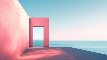 This image showcases a serene landscape with vibrant pink walls framing a stunning coastal view, embodying a blend of tranquility and modern architectural style. photo