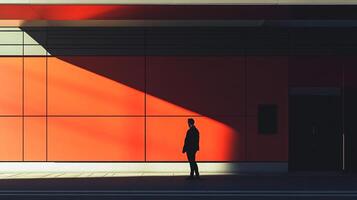 Bold red walls accompanied by a dark figure create a striking contrast, presenting a narrative of solitude and introspection amidst modern architectural aesthetics. photo