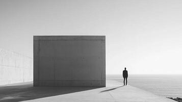 A minimalistic concrete structure stands by the sea, intertwined with shadows and light, symbolizing the fusion of architecture with nature in a contemporary context. photo