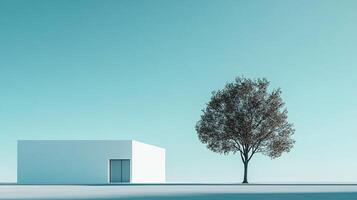 A solitary tree next to a simple white structure creates a stark contrast against the pale background, highlighting themes of solitude and minimalism in nature. photo