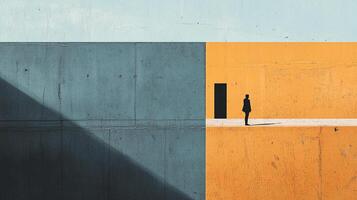 An abstract visual featuring a silhouette of a figure next to a vibrant doorway, set against a contrasting backdrop of blue and orange walls, exuding creativity. photo