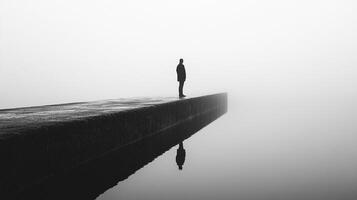 A figure stands at the end of a weathered pier, surrounded by dense fog and tranquil waters, evoking feelings of mystery, solitude, and contemplation. photo