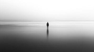 A mysterious figure stands alone in a foggy seascape, representing isolation and the unknown, enveloped by a serene yet eerie atmosphere of nature's beauty and uncertainty. photo