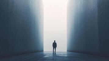 A figure stands amidst towering walls in a foggy setting, creating a powerful visual metaphor for human presence against the overwhelming nature of architectural spaces. photo