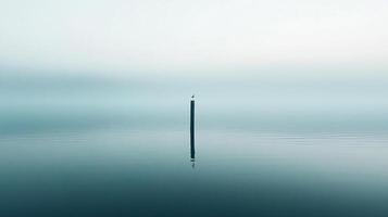 In a tranquil sea shrouded by fog, a solitary pole emerges with a bird perched atop, illustrating themes of isolation and the beauty of natural simplicity. photo