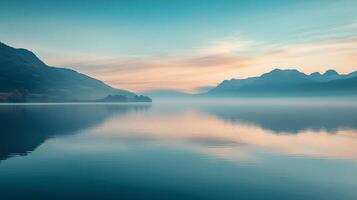 A serene lakeside view captured at dawn, showcasing the soft pastel hues of the sky reflecting in the still waters surrounded by tranquil mountains. photo