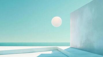 An artistic representation of geometric forms set against an ocean backdrop, highlighting the harmony between structure and nature beneath a radiant sun. photo