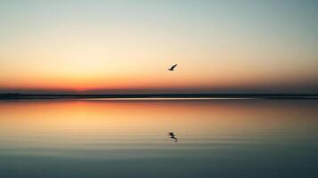 An enchanting twilight scene with gentle ripples on water and distant mountains, capturing the beauty of nature in a soothing palette of soft colors. photo