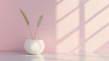 This serene image features a minimalist white pot holding slender green leaves against a soft pink wall, creating a calming and elegant interior design vibe. photo
