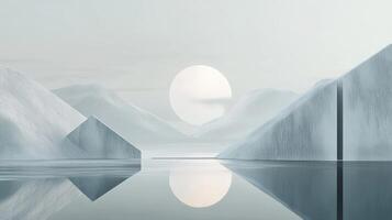 An artistic abstract landscape featuring geometric forms and soft colors reflecting in still water, evoking a sense of calm and contemplation in a modern setting. photo