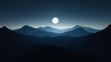 A captivating night scene presents dark, shadowy mountains illuminated by a bright moon, inviting viewers to explore a realm of mystery and calmness under the stars. photo