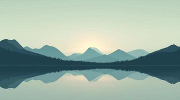 A minimalist landscape showcases mountains at sunrise reflected in still waters, creating a peaceful scene that celebrates the harmony between earth and sky in soft colors. photo