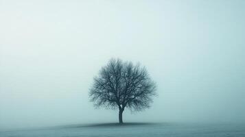 A single, leafless tree stands alone in a fog-covered field, presenting a poignant visual metaphor for isolation and resilience amidst vast emptiness. photo