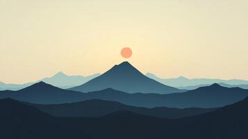 Stylized representation of a sunset flooding the peaks of mountains with warm hues, blending emotion and tranquility in a modern artistic take on nature's beauty. photo