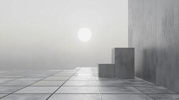 This image captures a serene minimalist environment, featuring a soft gradient backdrop and simple geometric forms, evoking calmness and contemplation in viewers. photo