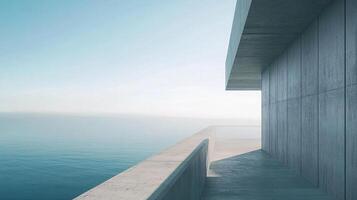 A minimalist architectural design creates a contrasting view of an infinite ocean, representing modernity and calmness, inviting contemplation and serenity in the setting. photo