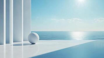An elegant minimalistic composition featuring a bright sun above calm ocean waters and a spherical object, evoking modernity and a sense of peace in simplicity. photo