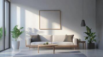 A stylish and cozy living room featuring natural light filtering through large windows, complemented by indoor plants, creating an inviting, relaxed atmosphere. photo