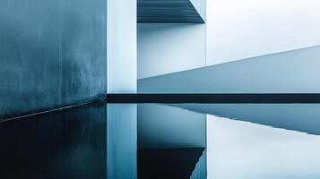 A sleek and modern architectural interior featuring bold angles and reflections, creating a striking ambience that reflects contemporary design and creativity. photo