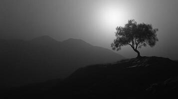 A striking silhouette of a solitary tree standing on a hill, illuminated by a full moon, evoking feelings of solitude and contemplation in a mystical atmosphere. photo