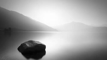 This tranquil black and white image captures a lone rock sitting in a peaceful lake, enveloped by soft mist and distant mountains, exuding calmness and serenity. photo