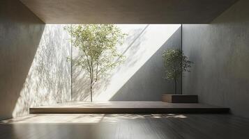 An elegant indoor space features green trees and minimalistic decor, bathed in soft light, presenting a serene retreat ideal for relaxation and reflection. photo