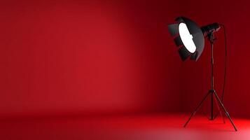 This image features a vintage photography studio light set against a bold red backdrop, perfect for creative photography and artistic presentations. photo