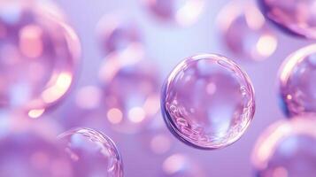 This mesmerizing image depicts beautiful transparent bubbles floating ethereally, evoking feelings of lightness and creativity through its subtle colors and delicate forms. photo