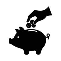 Business hand dropping coins into piggy bank silhouette flat on white for saving promotion vector