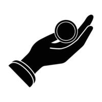 Business hand giving a coin silhouette flat on white for monetary transfer illustration vector