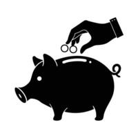 Dynamic hand dropping coins into piggy bank silhouette flat on white for financial saving emphasis vector
