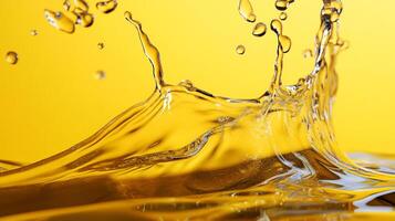 A striking water splash captured mid-air against a bright yellow backdrop, showcasing the fluid dynamics and beauty of liquid motion in a vivid setting. photo