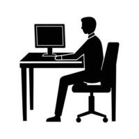 Office worker at desk with computer silhouette for digital productivity vector