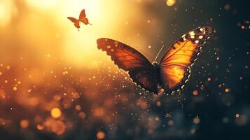 A captivating scene of butterflies fluttering in a golden sunset, creating an enchanting atmosphere filled with warmth, freedom, and beauty. photo