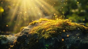 Sunlight glimmers on a moss-covered rock, showcasing vibrant plants around it, symbolizing growth and resilience within a peaceful, nature-rich environment. photo