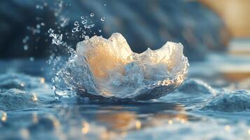 A stunning close-up of an oyster shell capturing the moment of water splashing around it, evoking feelings of freshness, vitality, and the beauty of nature's treasures. photo
