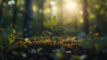 Captured in a serene forest setting, a small plant emerges from the ground, symbolizing new beginnings and the beauty of life amidst nature's embrace. photo