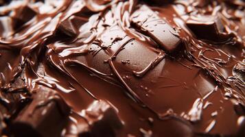 Rich dark chocolate blocks ooze decadently as they melt, showcasing a luscious texture, enticing color, and a mouthwatering appeal for chocolate lovers everywhere. photo