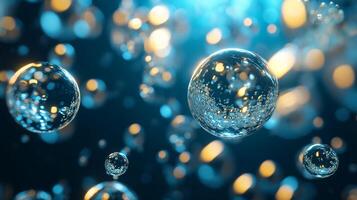 Translucent bubbles float gracefully against a vibrant blue background, creating a sense of lightness and wonder while celebrating the beauty of simplicity in design. photo